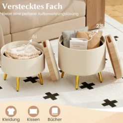 2er Set Ottomane mit Stauraum Kunstleder Rund Fußhocker mit klappbaren Tabletts Beige