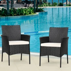 2er Set Outdoor Rattan-Stühle Rattan-Stühle mit Kissen 45 x 45,5 x 84,5 cm Schwarz + Beige