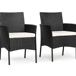 2er Set Outdoor Rattan-Stühle Rattan-Stühle mit Kissen 45 x 45,5 x 84,5 cm Schwarz + Beige