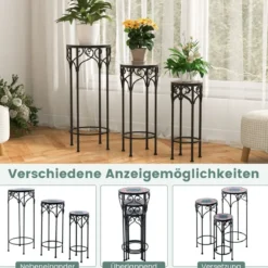 3er Set Pflanzenständer aus Metall dekorativer Blumenhalter mit Keramikplatte 49 cm 59 cm & 71 cm Höhe