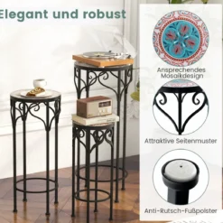 3er Set Pflanzenständer aus Metall dekorativer Blumenhalter mit Keramikplatte 49 cm 59 cm & 71 cm Höhe