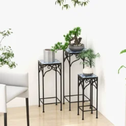 3er Set Pflanzenständer aus Metall mit Mosaikfliesen verschachtelbare Pflanzgefäße Blau 28/23/18cm