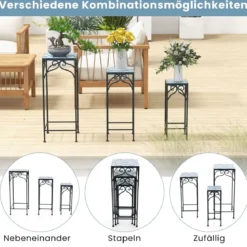 3er Set Pflanzenständer aus Metall mit Mosaikfliesen verschachtelbare Pflanzgefäße Blau 28/23/18cm