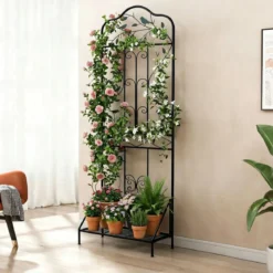 2er Set Rankgitter Metall 3 in 1 dekorativer Gartenzaun & Blumenregal & Pflanzstütze Schwarz