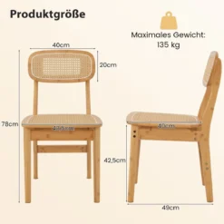 2er Set Rattan-Esszimmerstühle mit simulierter Rattan-Rückenlehne & Filzfußmatten & Holzgestell Mid-Century-Stil