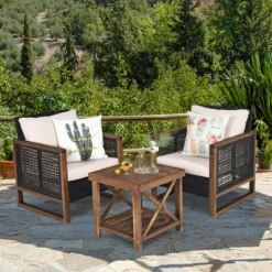 3er Set Rattan Gartenmöbel Polyrattan Lounge Set mit Waschbaren Sitzkissen Outdoor Sitzgarnitur