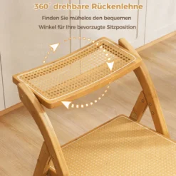 2er Set Rattan Klappstühle mit Bambusrahmen Küchenstühle im Boho-Stil 150 kg Tragkraft