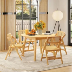 2er Set Rattan Klappstühle mit Bambusrahmen Küchenstühle im Boho-Stil 150 kg Tragkraft