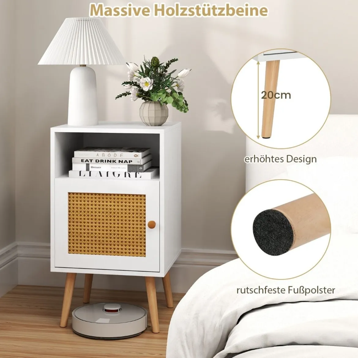 1/2er Set Rattan Nachttisch mit Stauraum Offenem Regal & Tür Bauernhausstil Beistelltisch Natur/Weiß