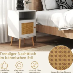1/2er Set Rattan Nachttisch mit Stauraum Offenem Regal & Tür Bauernhausstil Beistelltisch Natur/Weiß
