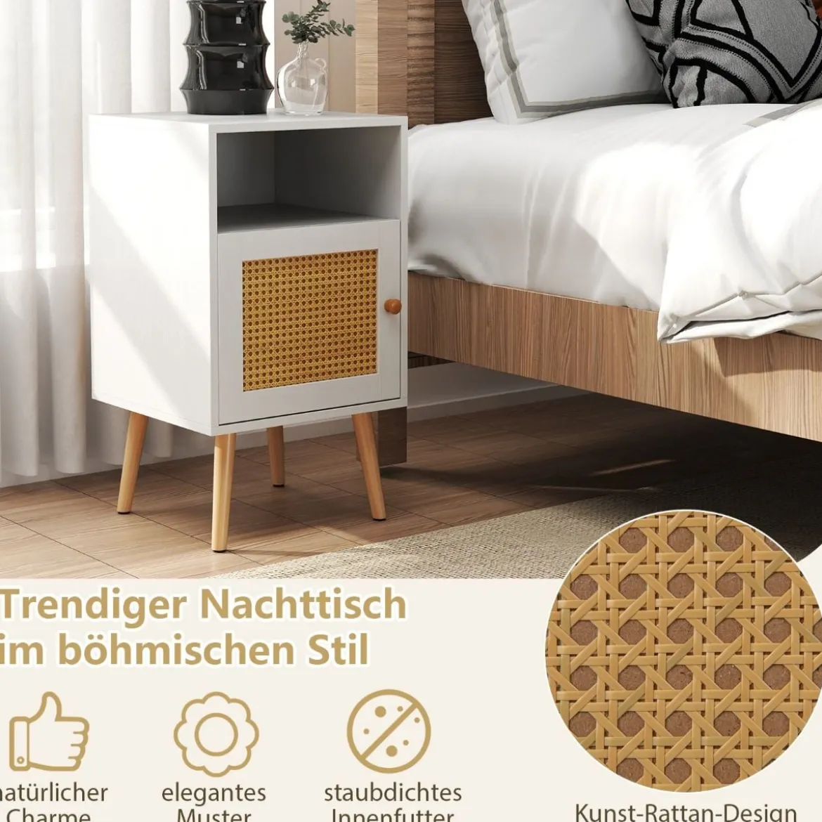 1/2er Set Rattan Nachttisch mit Stauraum Offenem Regal & Tür Bauernhausstil Beistelltisch Natur/Weiß