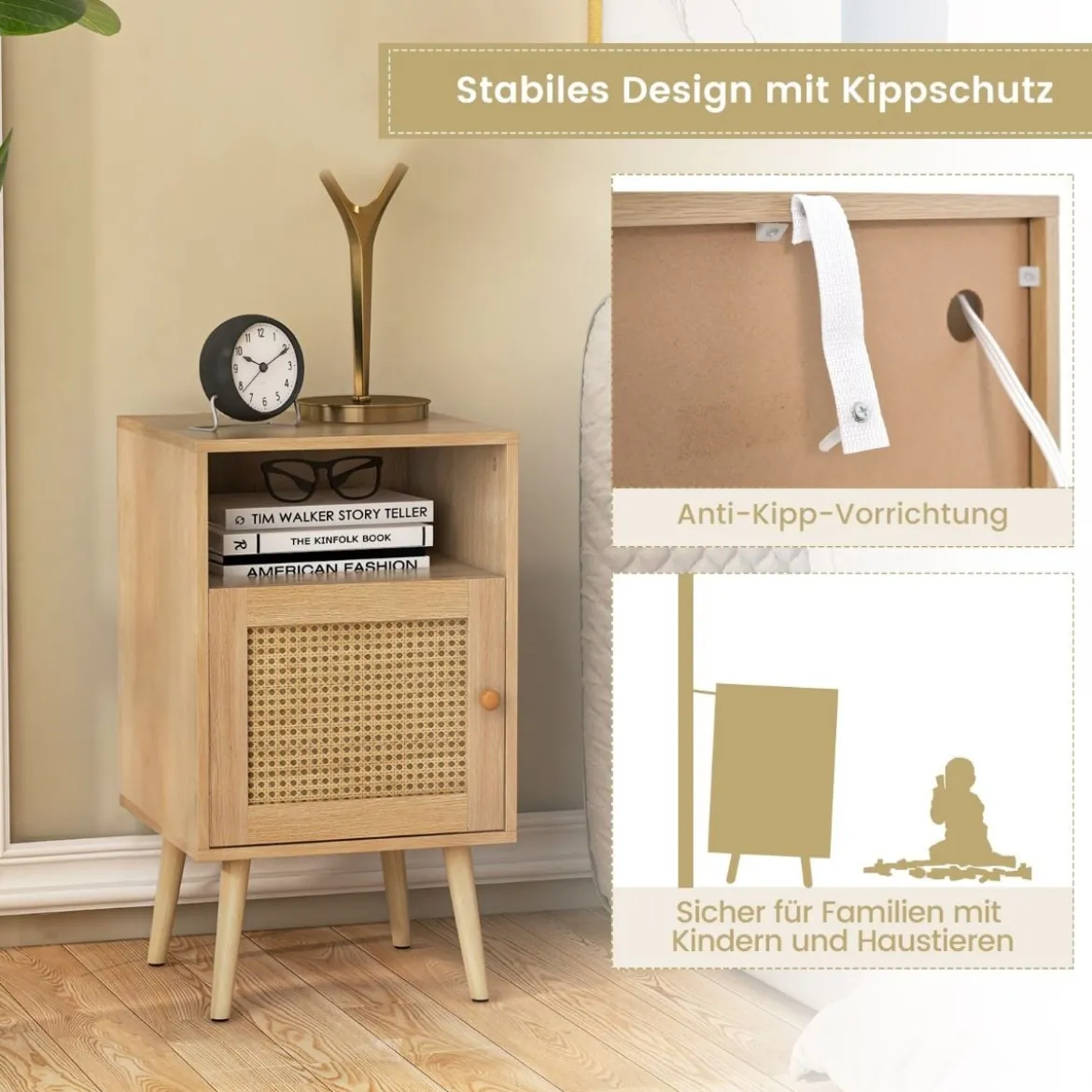1/2er Set Rattan Nachttisch mit Stauraum Offenem Regal & Tür Bauernhausstil Beistelltisch Natur/Weiß