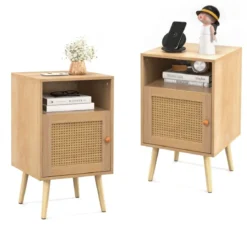 1/2er Set Rattan Nachttisch mit Stauraum Offenem Regal & Tür Bauernhausstil Beistelltisch Natur/Weiß