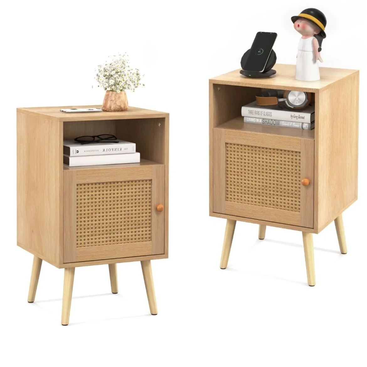 1/2er Set Rattan Nachttisch mit Stauraum Offenem Regal & Tür Bauernhausstil Beistelltisch Natur/Weiß