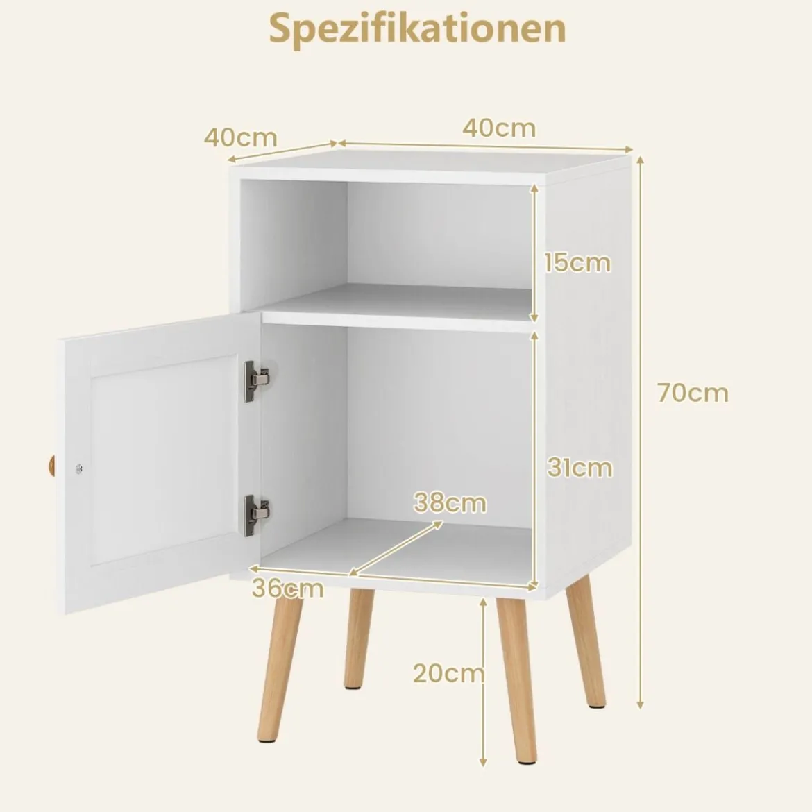 1/2er Set Rattan Nachttisch mit Stauraum Offenem Regal & Tür Bauernhausstil Beistelltisch Natur/Weiß
