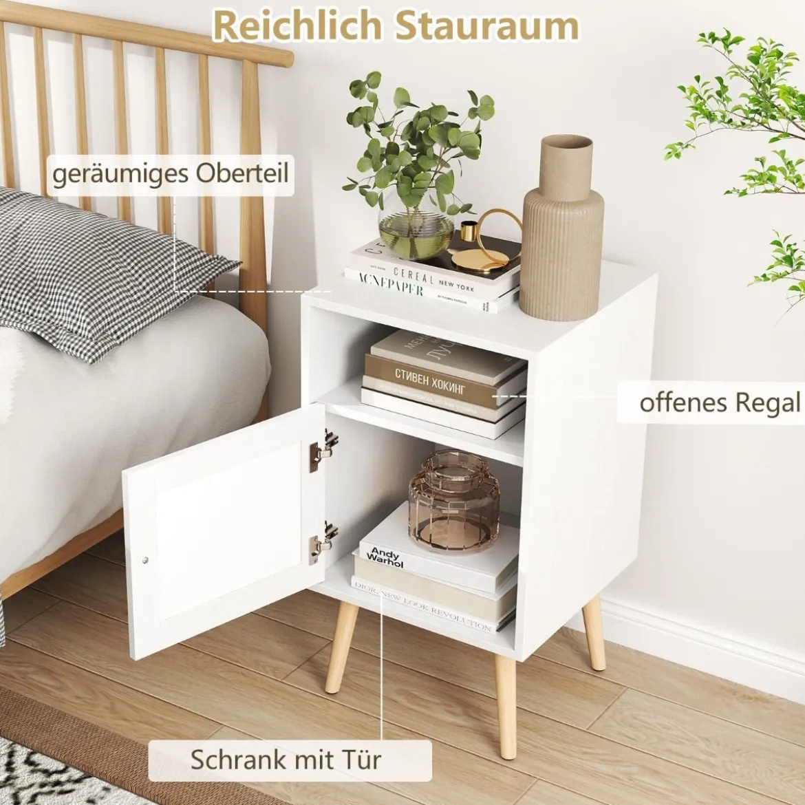 1/2er Set Rattan Nachttisch mit Stauraum Offenem Regal & Tür Bauernhausstil Beistelltisch Natur/Weiß