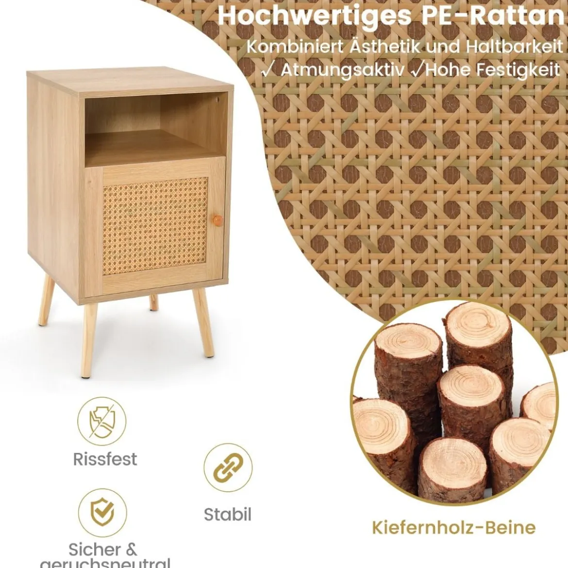 1/2er Set Rattan Nachttisch mit Stauraum Offenem Regal & Tür Bauernhausstil Beistelltisch Natur/Weiß