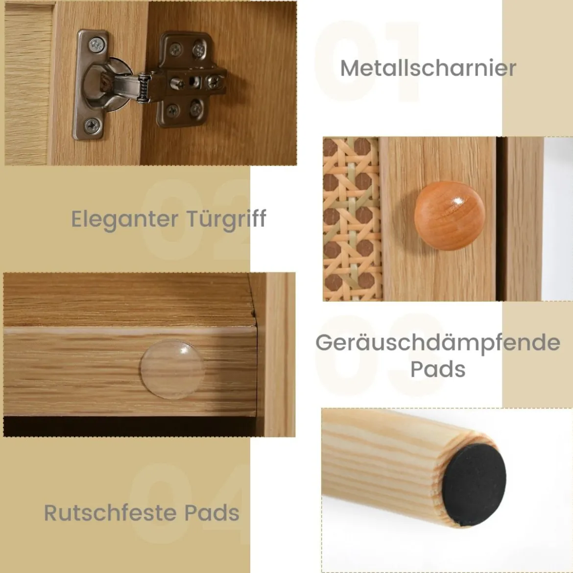 1/2er Set Rattan Nachttisch mit Stauraum Offenem Regal & Tür Bauernhausstil Beistelltisch Natur/Weiß