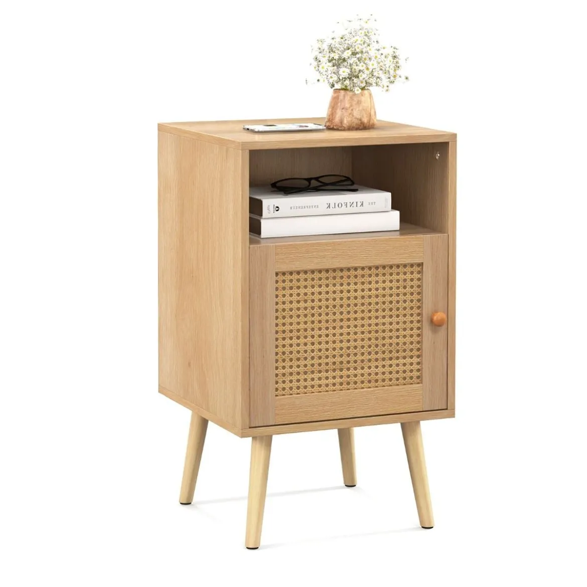 1/2er Set Rattan Nachttisch mit Stauraum Offenem Regal & Tür Bauernhausstil Beistelltisch Natur/Weiß