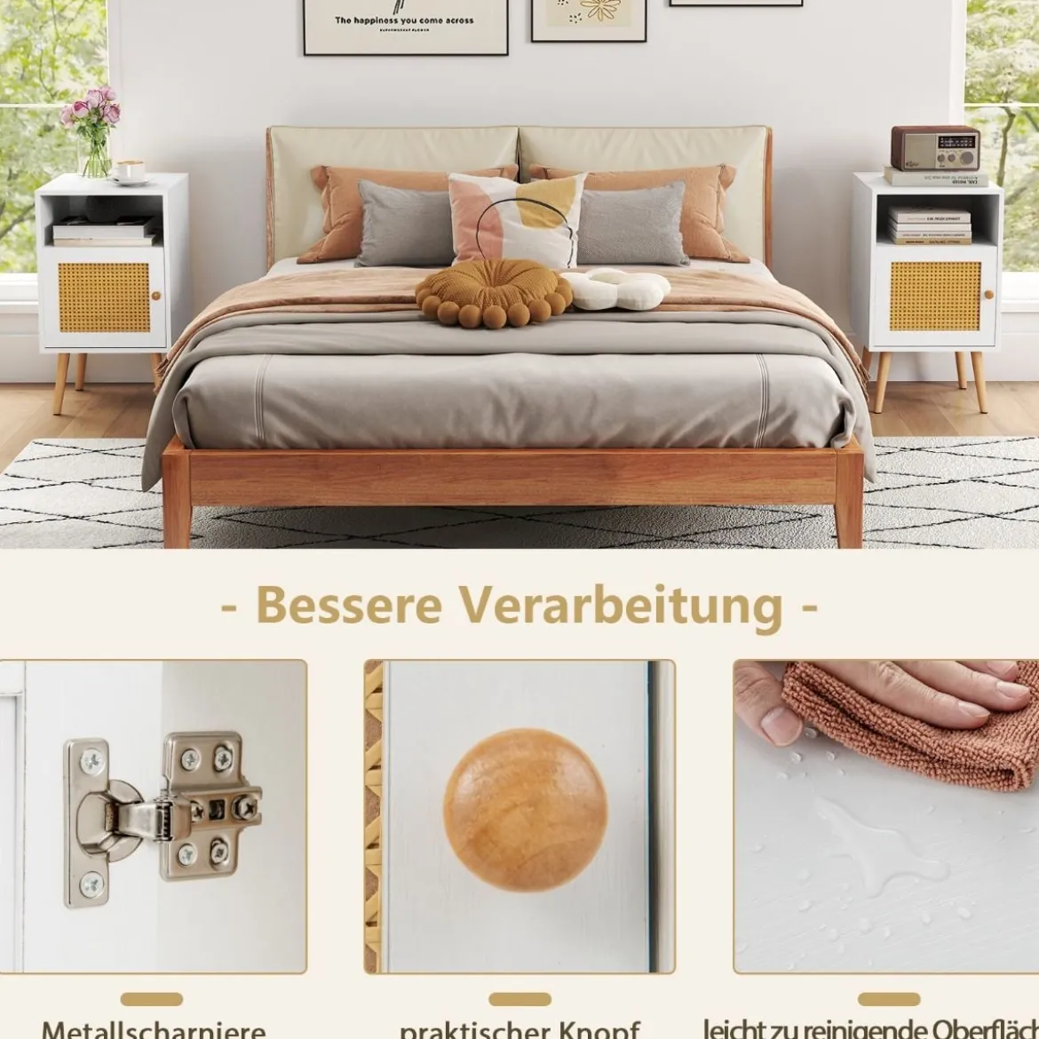 1/2er Set Rattan Nachttisch mit Stauraum Offenem Regal & Tür Bauernhausstil Beistelltisch Natur/Weiß
