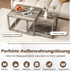 2er Set Rechteckige Satztisch Stapelbare Nesting-Couchtisch mit Ablagefläche Bauernhaus Beistelltisch