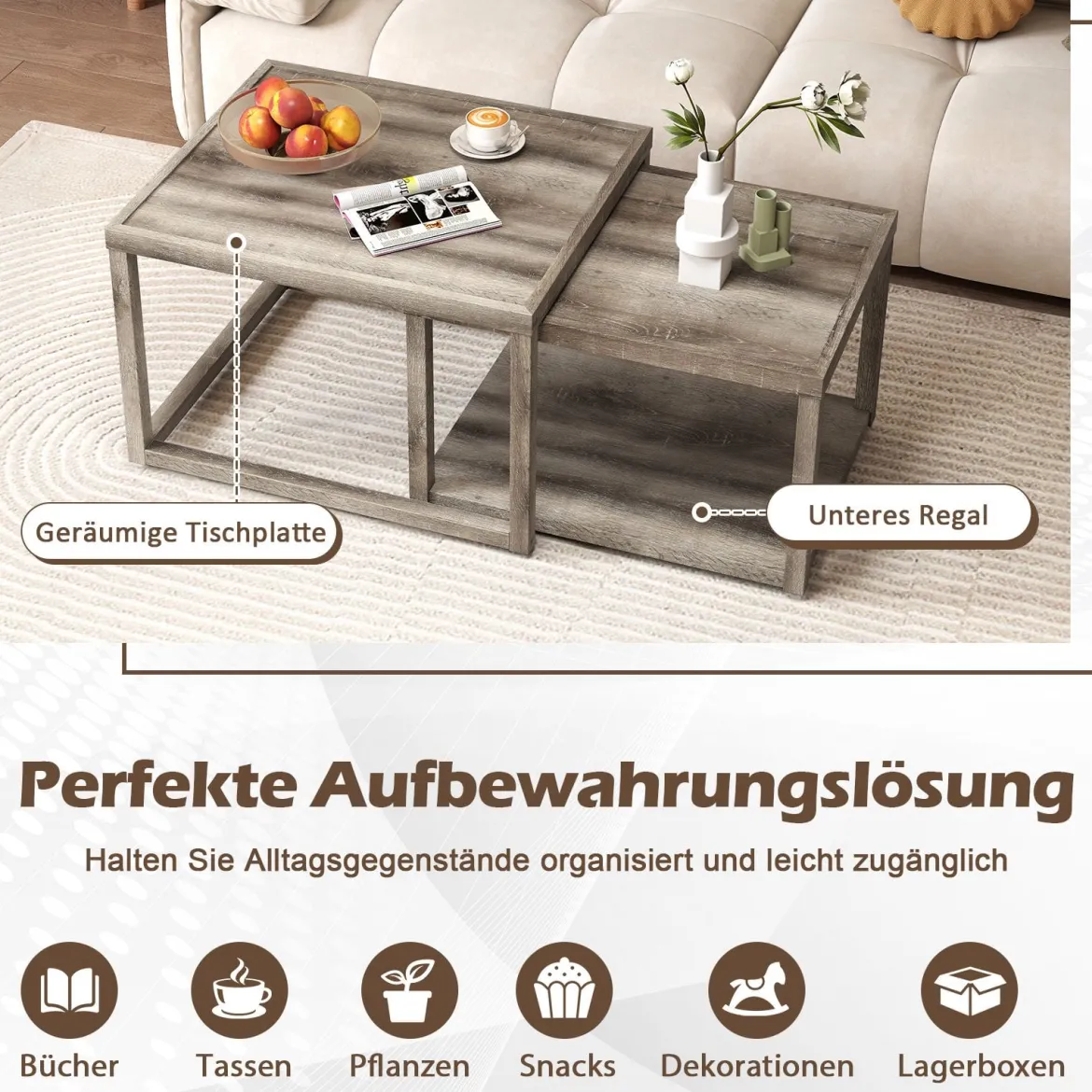2er Set Rechteckige Satztisch Stapelbare Nesting-Couchtisch mit Ablagefläche Bauernhaus Beistelltisch