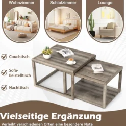 2er Set Rechteckige Satztisch Stapelbare Nesting-Couchtisch mit Ablagefläche Bauernhaus Beistelltisch