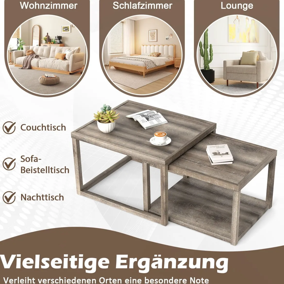 2er Set Rechteckige Satztisch Stapelbare Nesting-Couchtisch mit Ablagefläche Bauernhaus Beistelltisch