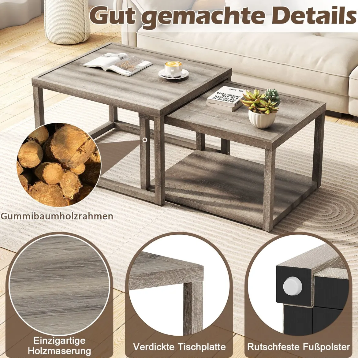 2er Set Rechteckige Satztisch Stapelbare Nesting-Couchtisch mit Ablagefläche Bauernhaus Beistelltisch