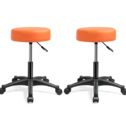 2er Set Rollhocker Drehhocker verstellbar Salonhocker mit Kunstledersitz Hocker hydraulisch Orange (2 Stk.)