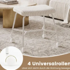 2er Set Rollhocker Gepolstert mit Gewölbter Sitzfläche & 4 Leichtgängigen Rollen Weiß