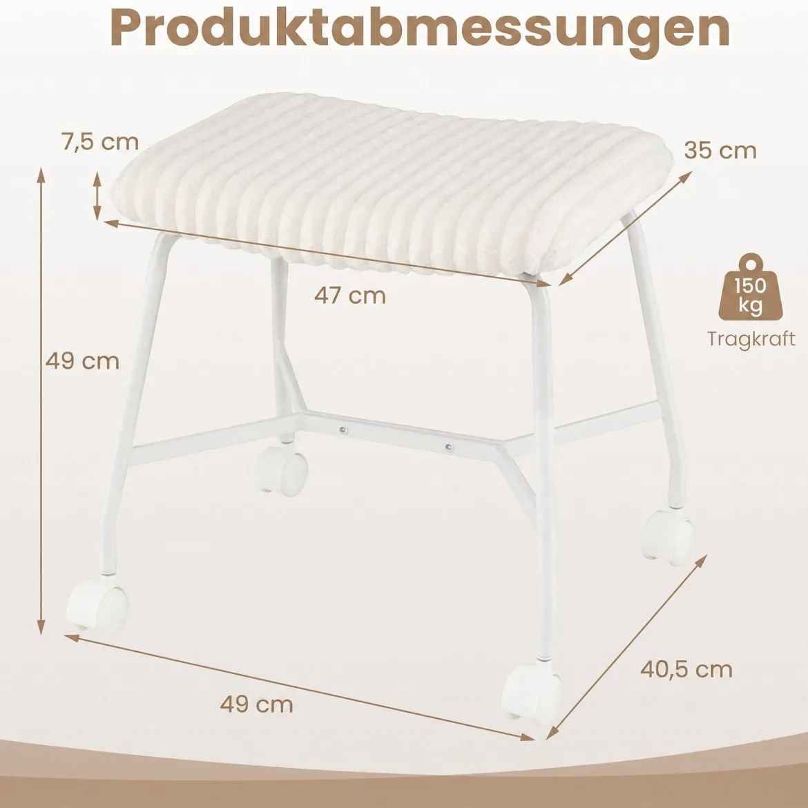 2er Set Rollhocker Gepolstert mit Gewölbter Sitzfläche & 4 Leichtgängigen Rollen Weiß