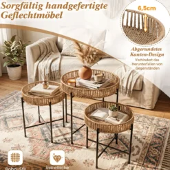 3er Set Rund Beistelltisch Boho Sofatisch Klein Couchtisch Wohnzimmertisch Nachttisch
