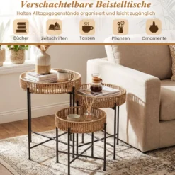 3er Set Rund Beistelltisch Boho Sofatisch Klein Couchtisch Wohnzimmertisch Nachttisch