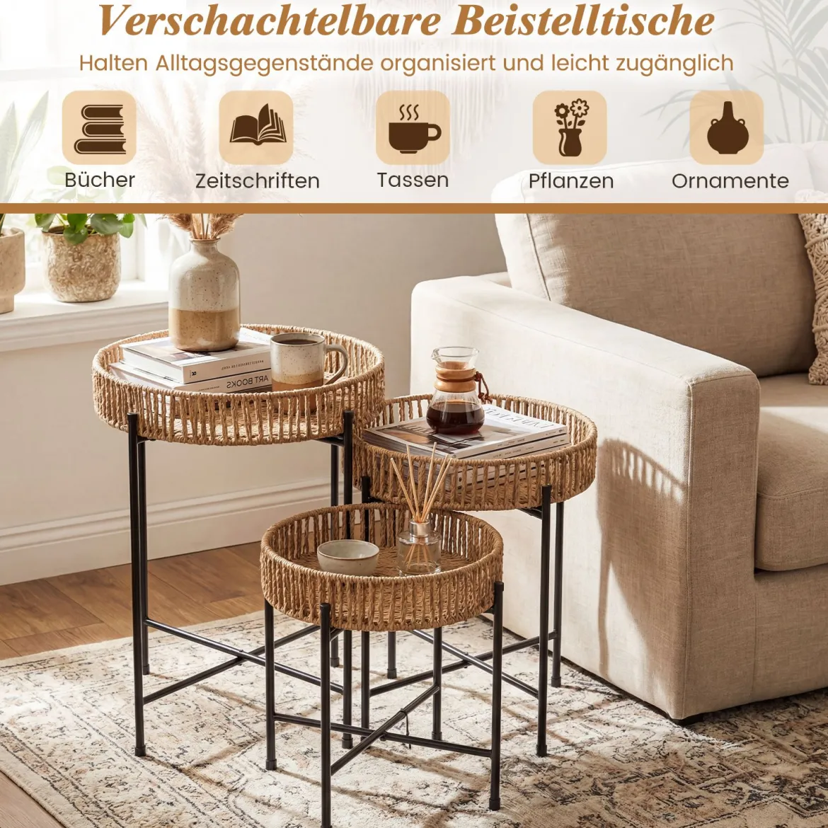 3er Set Rund Beistelltisch Boho Sofatisch Klein Couchtisch Wohnzimmertisch Nachttisch