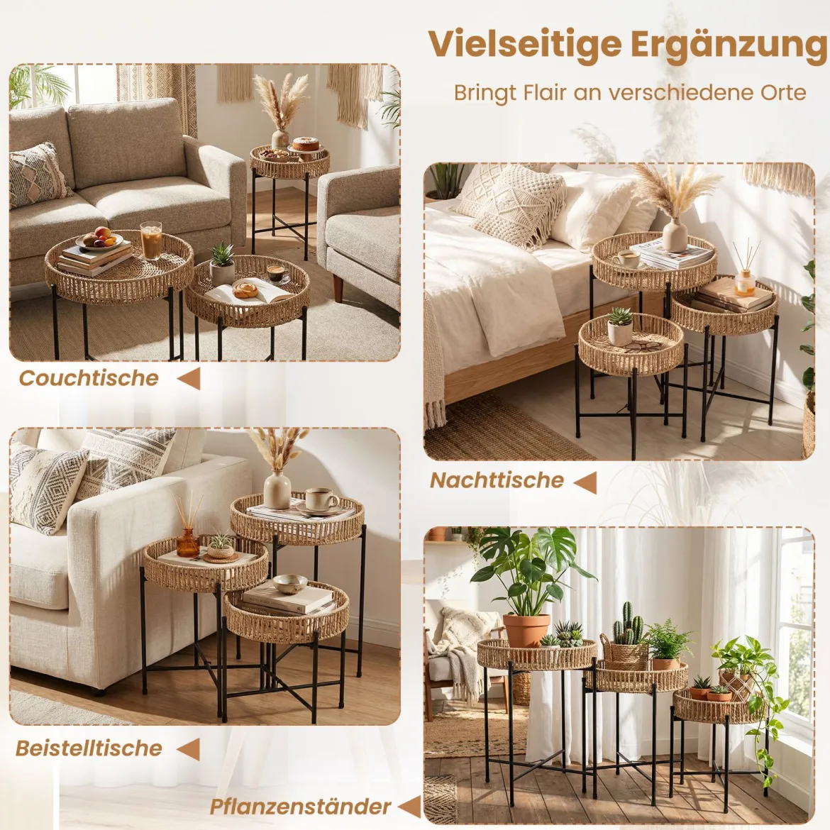 3er Set Rund Beistelltisch Boho Sofatisch Klein Couchtisch Wohnzimmertisch Nachttisch