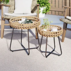 2er Set Rund Beistelltisch mit Metallrahmen & Verstellbaren Füßen Outdoor Rattan Gartentisch