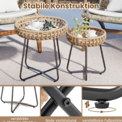 2er Set Rund Beistelltisch mit Metallrahmen & Verstellbaren Füßen Outdoor Rattan Gartentisch