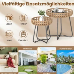 2er Set Rund Beistelltisch mit Metallrahmen & Verstellbaren Füßen Outdoor Rattan Gartentisch