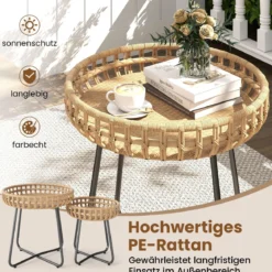 2er Set Rund Beistelltisch mit Metallrahmen & Verstellbaren Füßen Outdoor Rattan Gartentisch