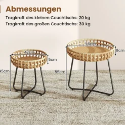 2er Set Rund Beistelltisch mit Metallrahmen & Verstellbaren Füßen Outdoor Rattan Gartentisch