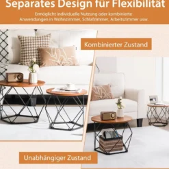 2er-Set Runde Couchtische mit fünfeckigem Stahlfuß & EVA-Pads Rustikales Braun