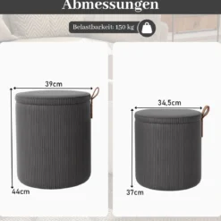 2er-set Runde hocker mit stauraum verschachtelbare Sitzhocker mit abnehmbaren Deckeln Grau