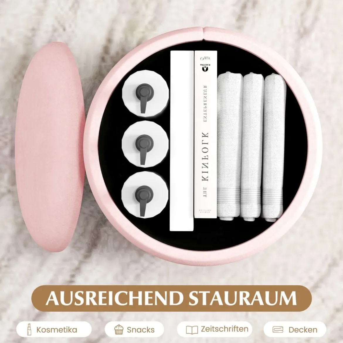 2er-Set Samt Sitzhocker mit 32L + 21L Stauraum Ottomanen Runde Couch Beistellhocker Rosa