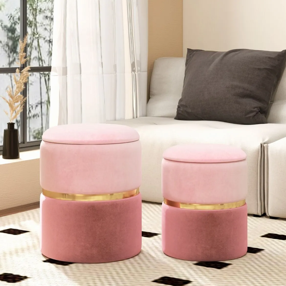2er-Set Samt Sitzhocker mit 32L + 21L Stauraum Ottomanen Runde Couch Beistellhocker Rosa