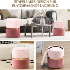 2er-Set Samt Sitzhocker mit 32L + 21L Stauraum Ottomanen Runde Couch Beistellhocker Rosa