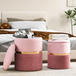 2er-Set Samt Sitzhocker mit 32L + 21L Stauraum Ottomanen Runde Couch Beistellhocker Rosa