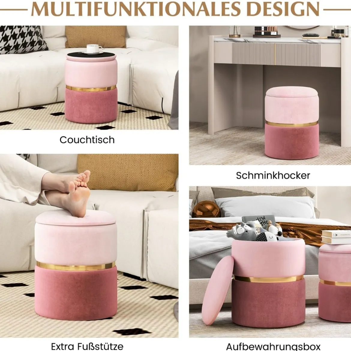 2er-Set Samt Sitzhocker mit 32L + 21L Stauraum Ottomanen Runde Couch Beistellhocker Rosa