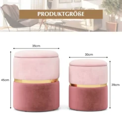 2er-Set Samt Sitzhocker mit 32L + 21L Stauraum Ottomanen Runde Couch Beistellhocker Rosa