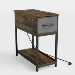 2er Set Schmaler Beistelltisch mit Ladestation & LED-Leuchten Industrieller Naschttisch Rustikal Braun